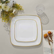 10 Square Plastic Salad and Dinner Plates with Gold Rim - Disposable Tableware