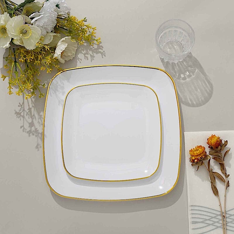 10 Square Plastic Salad and Dinner Plates with Gold Rim - Disposable Tableware