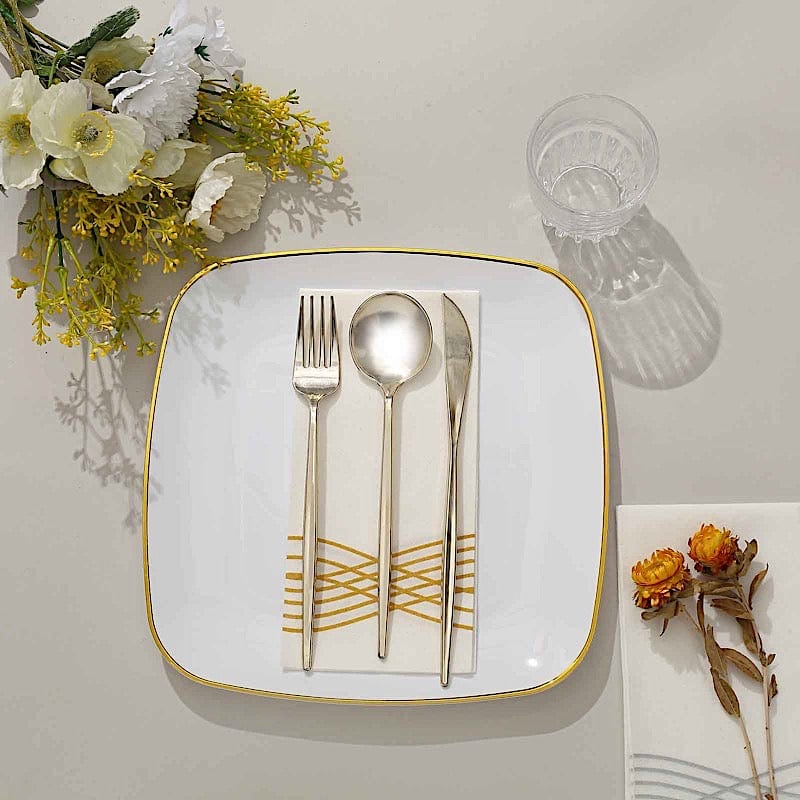 10 Square Plastic Salad and Dinner Plates with Gold Rim - Disposable Tableware