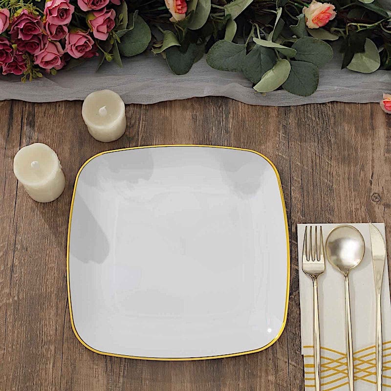 10 Square Plastic Salad and Dinner Plates with Gold Rim - Disposable Tableware