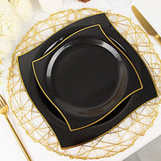 10 Square Plastic Salad and Dinner Plates with Wavy Gold Rim - Disposable Tableware