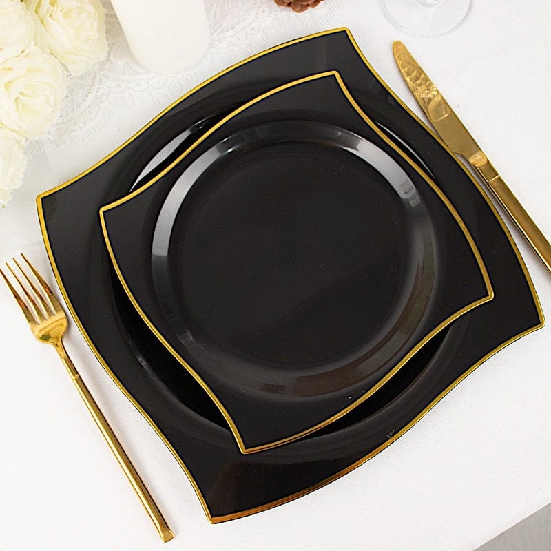 10 Square Plastic Salad and Dinner Plates with Wavy Gold Rim - Disposable Tableware