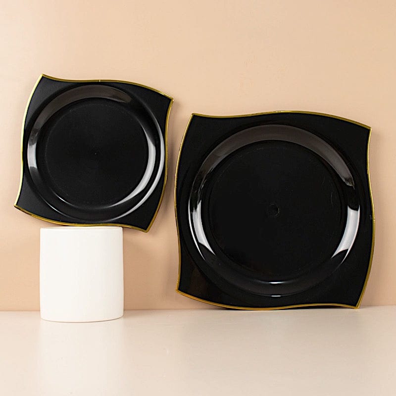 10 Square Plastic Salad and Dinner Plates with Wavy Gold Rim - Disposable Tableware