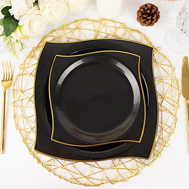 10 Square Plastic Salad and Dinner Plates with Wavy Gold Rim - Disposable Tableware