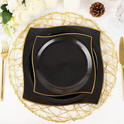 10 Square Plastic Salad and Dinner Plates with Wavy Gold Rim - Disposable Tableware