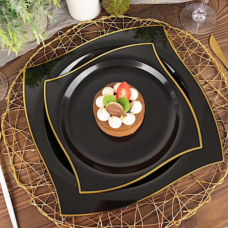 10 Square Plastic Salad and Dinner Plates with Wavy Gold Rim - Disposable Tableware