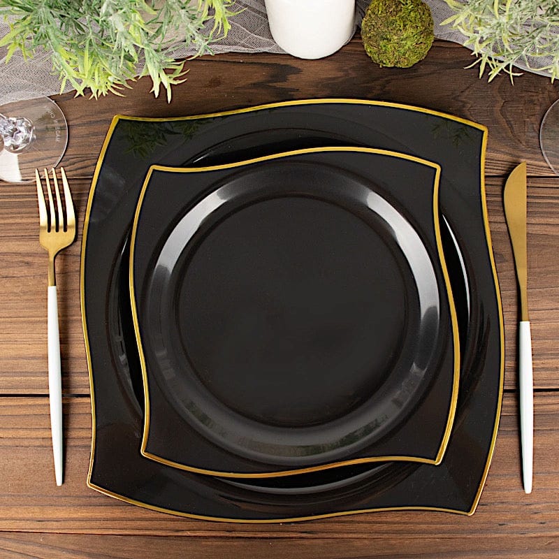 10 Square Plastic Salad and Dinner Plates with Wavy Gold Rim - Disposable Tableware