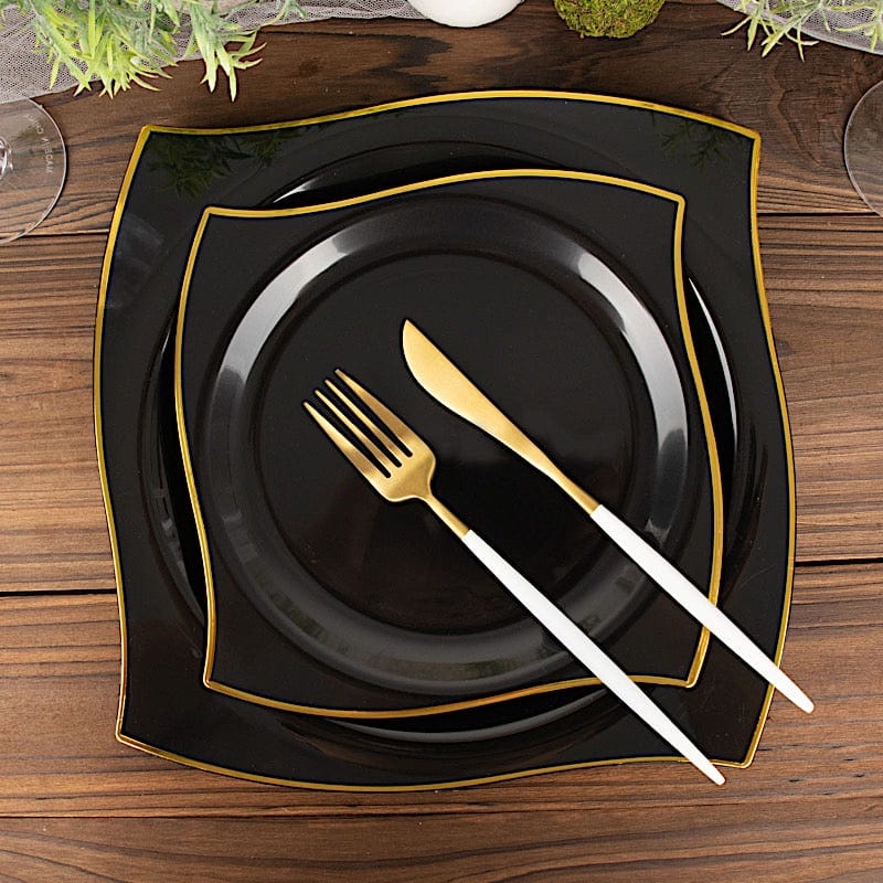 10 Square Plastic Salad and Dinner Plates with Wavy Gold Rim - Disposable Tableware