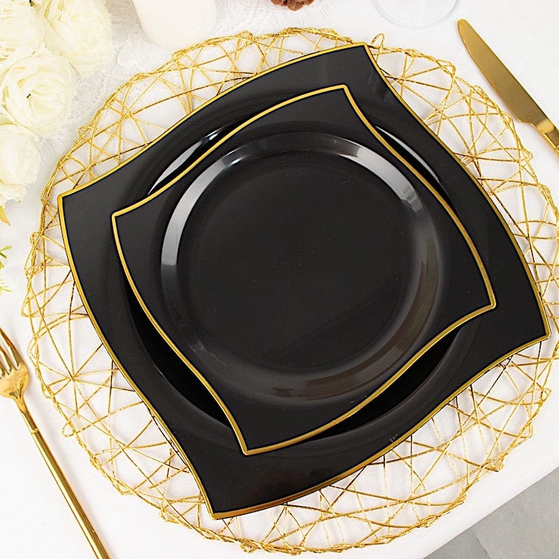 10 Square Plastic Salad and Dinner Plates with Wavy Gold Rim - Disposable Tableware