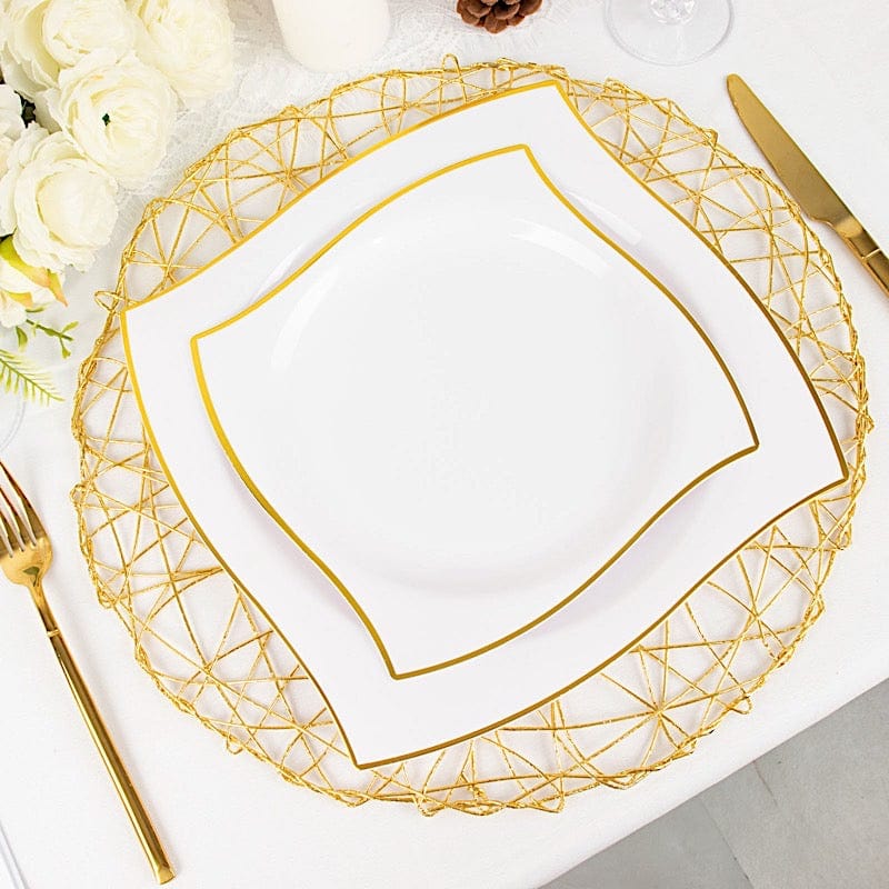 10 Square Plastic Salad and Dinner Plates with Wavy Gold Rim - Disposable Tableware