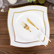 10 Square Plastic Salad and Dinner Plates with Wavy Gold Rim - Disposable Tableware