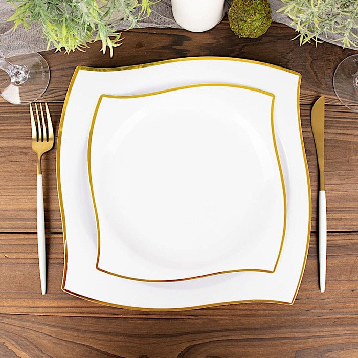 10 Square Plastic Salad and Dinner Plates with Wavy Gold Rim - Disposable Tableware