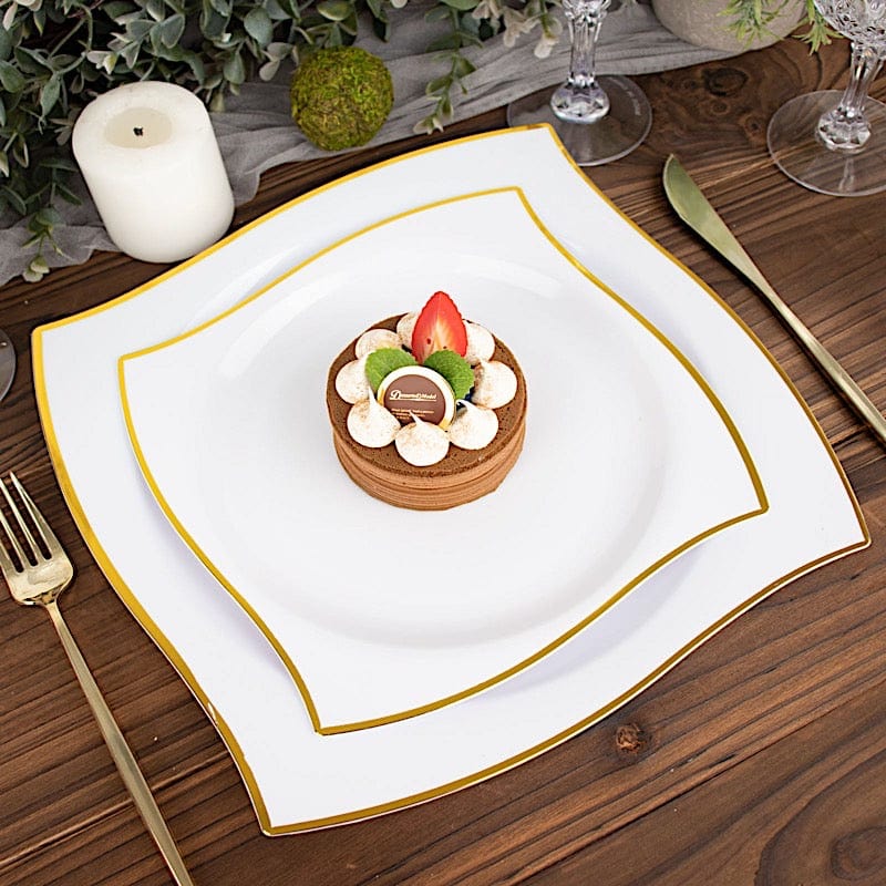 10 Square Plastic Salad and Dinner Plates with Wavy Gold Rim - Disposable Tableware