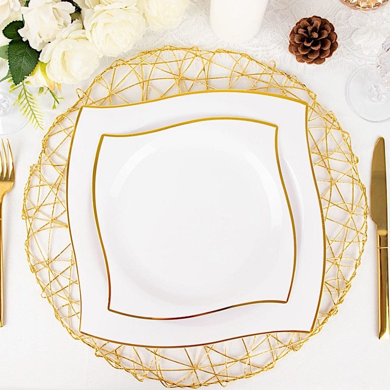 10 Square Plastic Salad and Dinner Plates with Wavy Gold Rim - Disposable Tableware