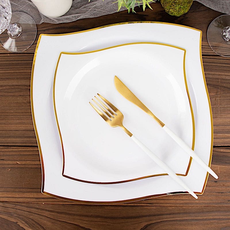 10 Square Plastic Salad and Dinner Plates with Wavy Gold Rim - Disposable Tableware