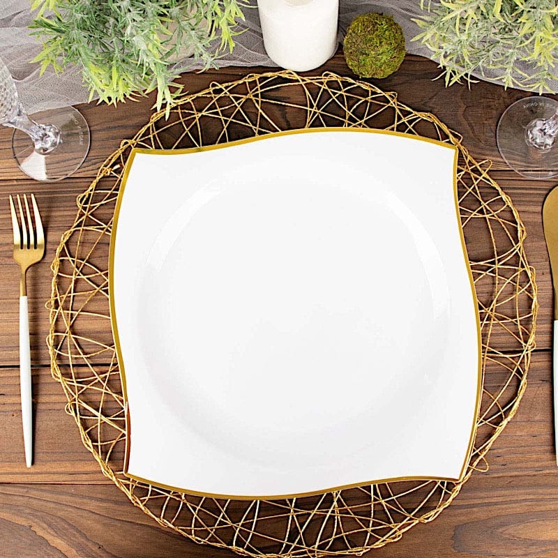 10 Square Plastic Salad and Dinner Plates with Wavy Gold Rim - Disposable Tableware
