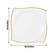 10 Square Plastic Salad and Dinner Plates with Wavy Gold Rim - Disposable Tableware