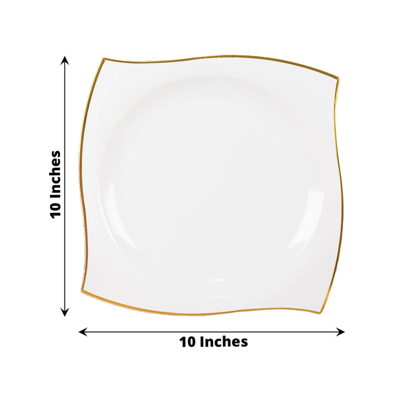 10 Square Plastic Salad and Dinner Plates with Wavy Gold Rim - Disposable Tableware