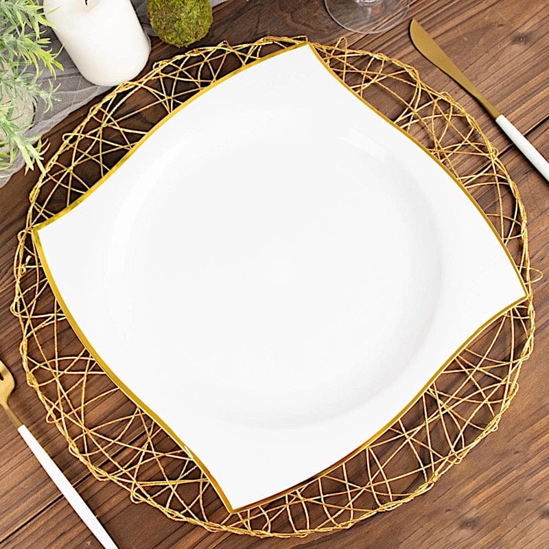 10 Square Plastic Salad and Dinner Plates with Wavy Gold Rim - Disposable Tableware