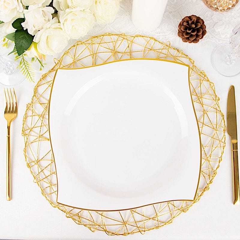 10 Square Plastic Salad and Dinner Plates with Wavy Gold Rim - Disposable Tableware