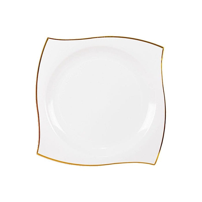10 Square Plastic Salad and Dinner Plates with Wavy Gold Rim - Disposable Tableware DSP_PLS0007_8_WHGD