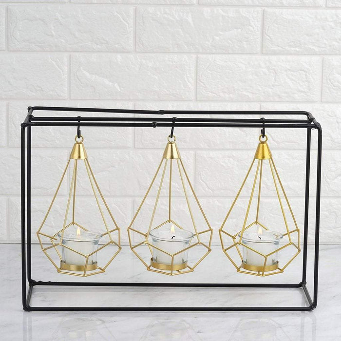 10" tall Iron Stand with 3 Geometric Design Metal Tealight Holders Lanterns - Gold and Black IRON_CAND_006_GDBLK