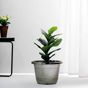 10" tall Round Plastic Flower Plant Pot with Metallic Barrel Design