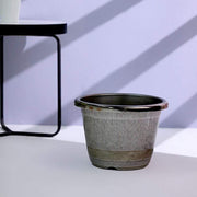 10" tall Round Plastic Flower Plant Pot with Metallic Barrel Design