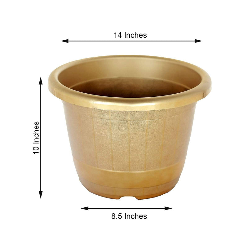 10" tall Round Plastic Flower Plant Pot with Metallic Barrel Design