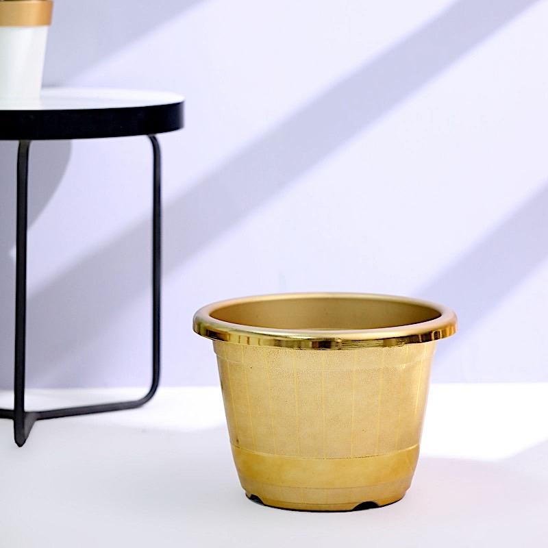 10" tall Round Plastic Flower Plant Pot with Metallic Barrel Design