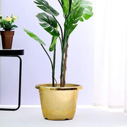 10" tall Round Plastic Flower Plant Pot with Metallic Barrel Design