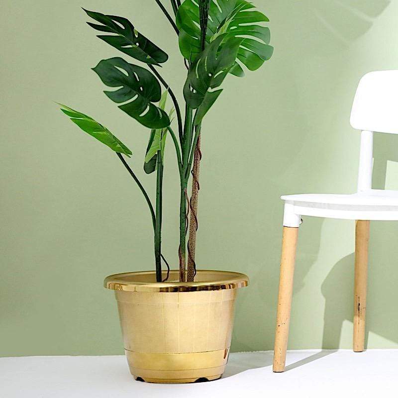 10" tall Round Plastic Flower Plant Pot with Metallic Barrel Design