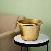 10" tall Round Plastic Flower Plant Pot with Metallic Barrel Design