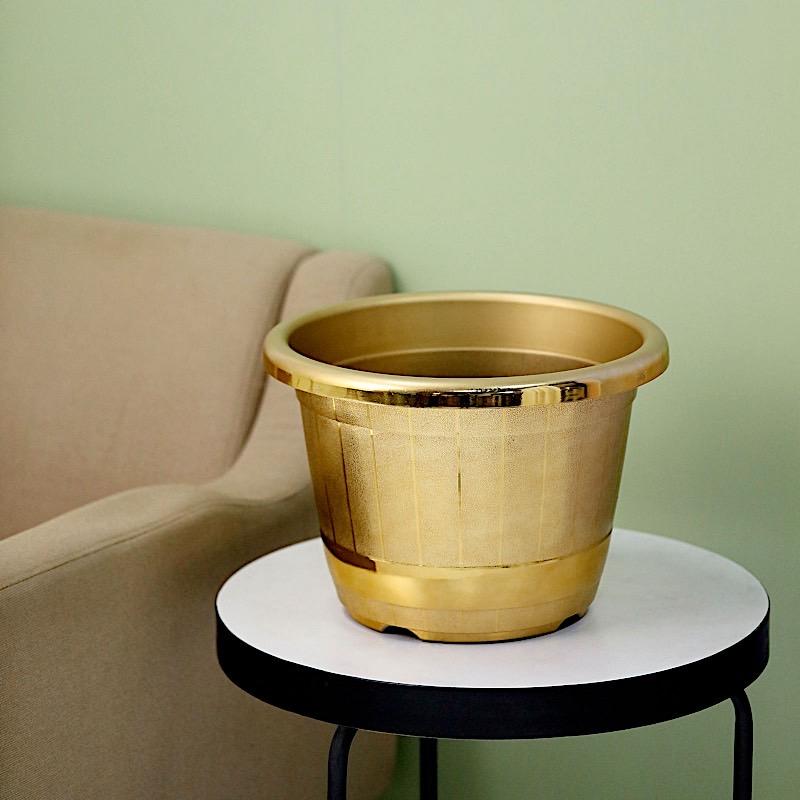 10" tall Round Plastic Flower Plant Pot with Metallic Barrel Design