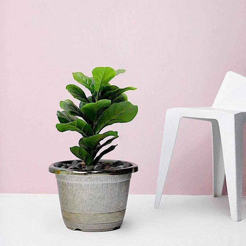 10" tall Round Plastic Flower Plant Pot with Metallic Barrel Design