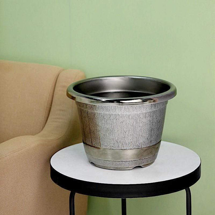 10" tall Round Plastic Flower Plant Pot with Metallic Barrel Design