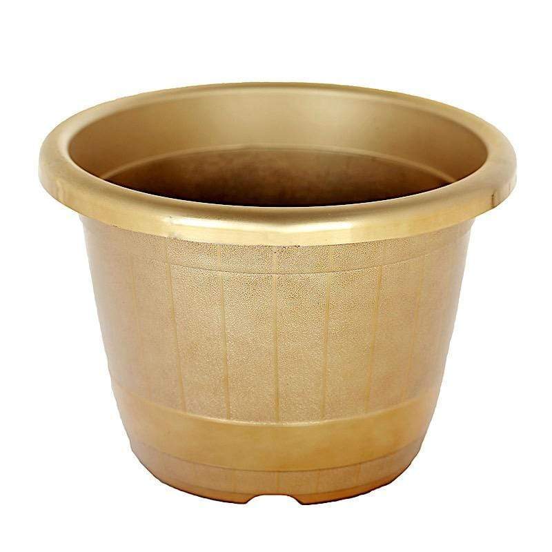 10" tall Round Plastic Flower Plant Pot with Metallic Barrel Design PLNT_PLST_003_L_GOLD