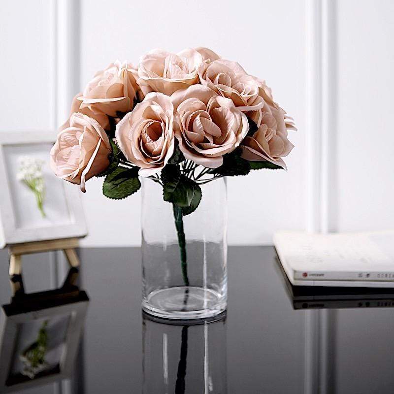 10" tall Velvet Roses Artificial Flowers Bouquet - Blush