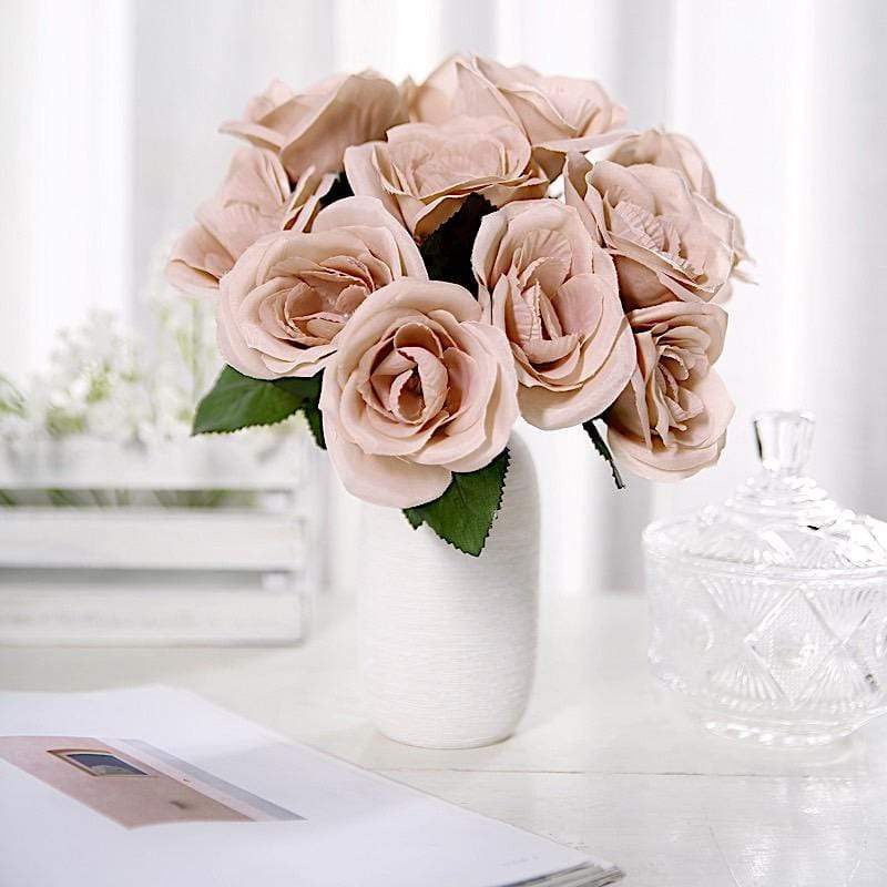 10" tall Velvet Roses Artificial Flowers Bouquet - Blush