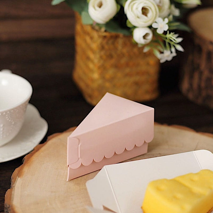 10 Triangle Cake Slice Paper Boxes with Scalloped Top Favor Holders