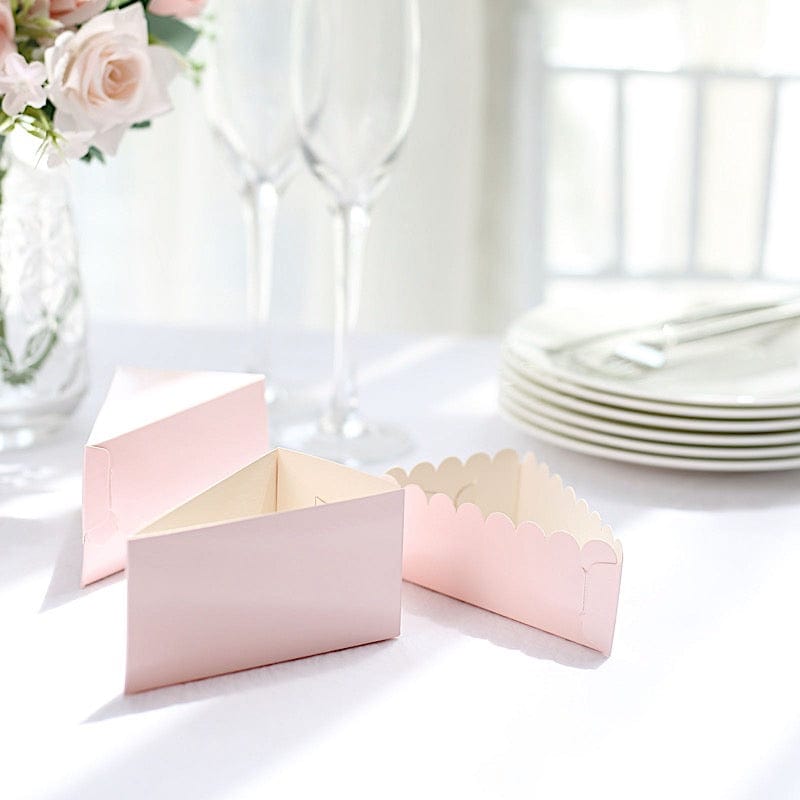 10 Triangle Cake Slice Paper Boxes with Scalloped Top Favor Holders