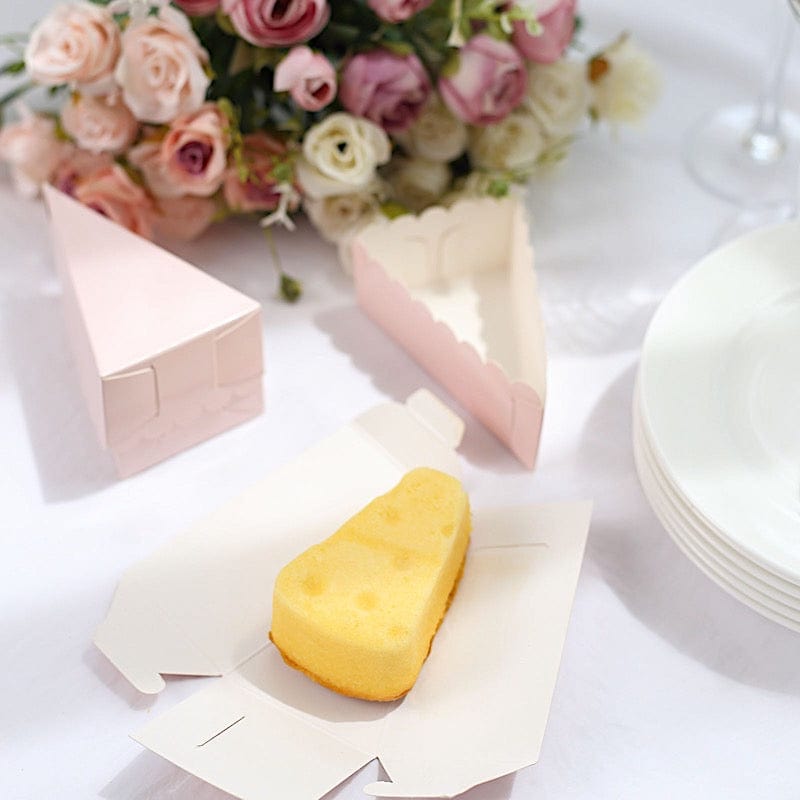 10 Triangle Cake Slice Paper Boxes with Scalloped Top Favor Holders