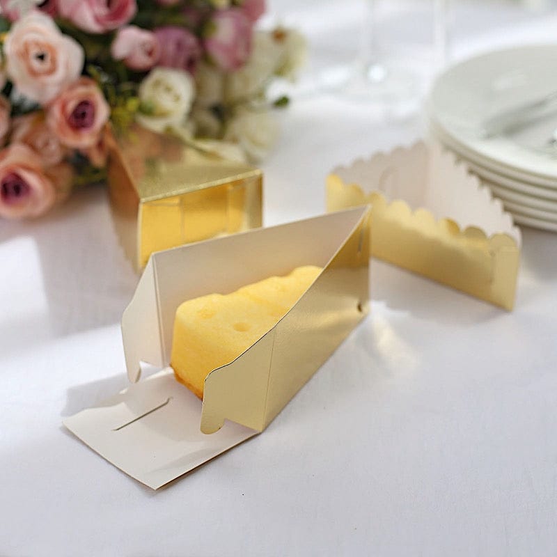 10 Triangle Cake Slice Paper Boxes with Scalloped Top Favor Holders