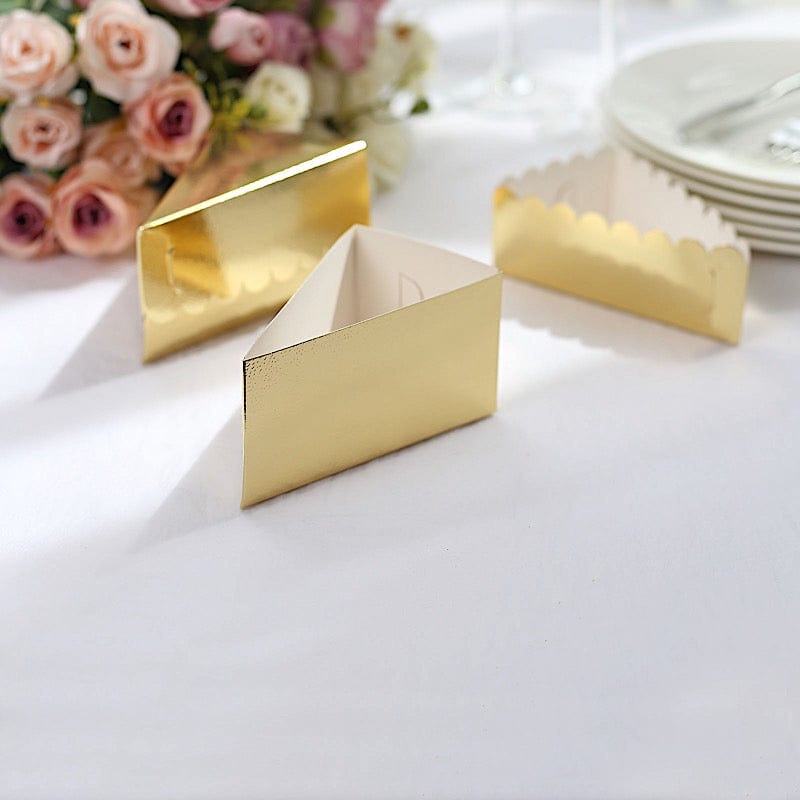 10 Triangle Cake Slice Paper Boxes with Scalloped Top Favor Holders