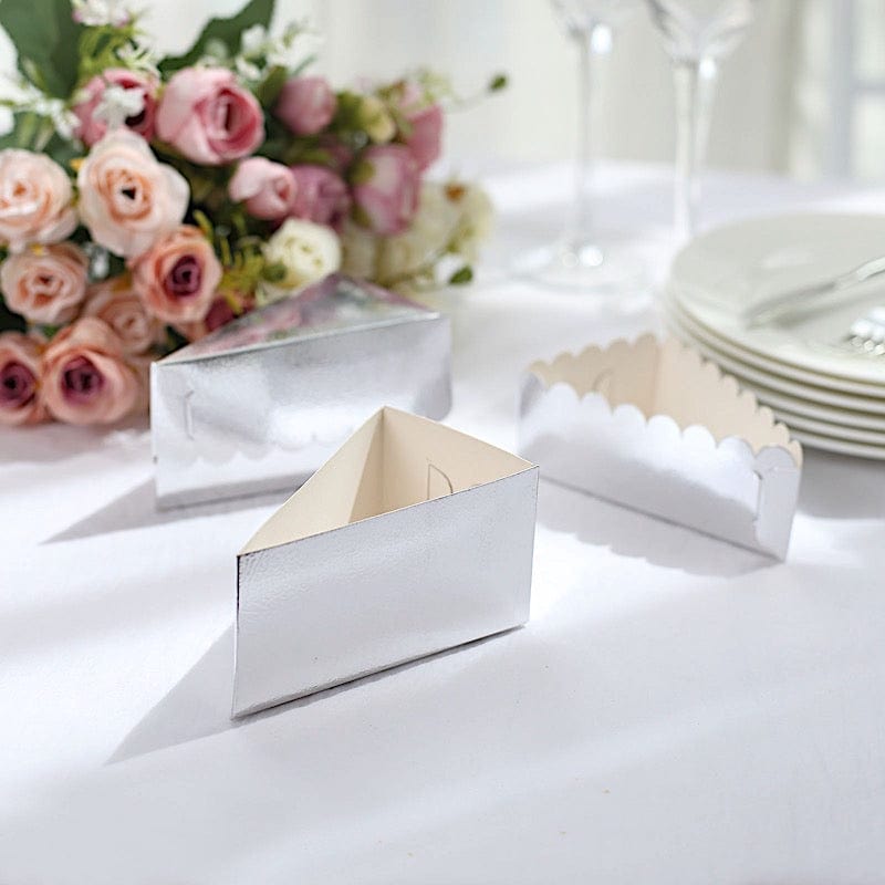10 Triangle Cake Slice Paper Boxes with Scalloped Top Favor Holders