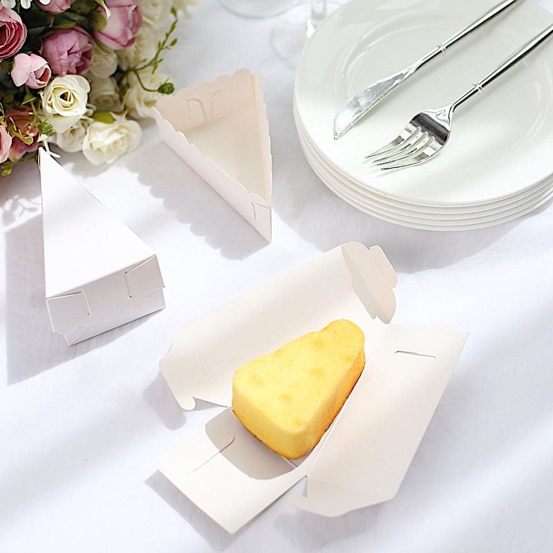 10 Triangle Cake Slice Paper Boxes with Scalloped Top Favor Holders