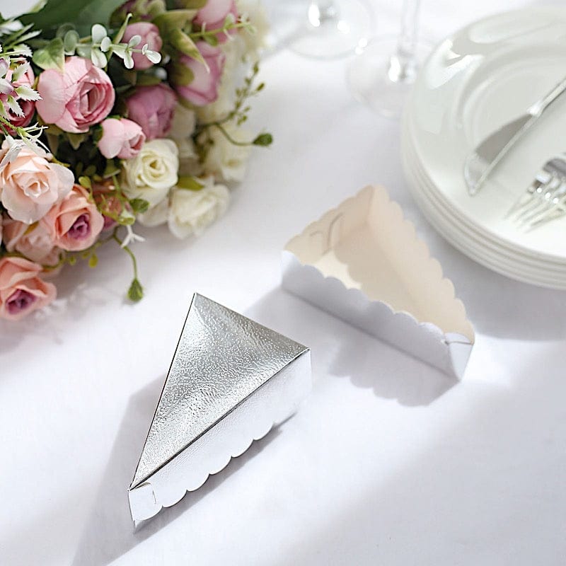 10 Triangle Cake Slice Paper Boxes with Scalloped Top Favor Holders