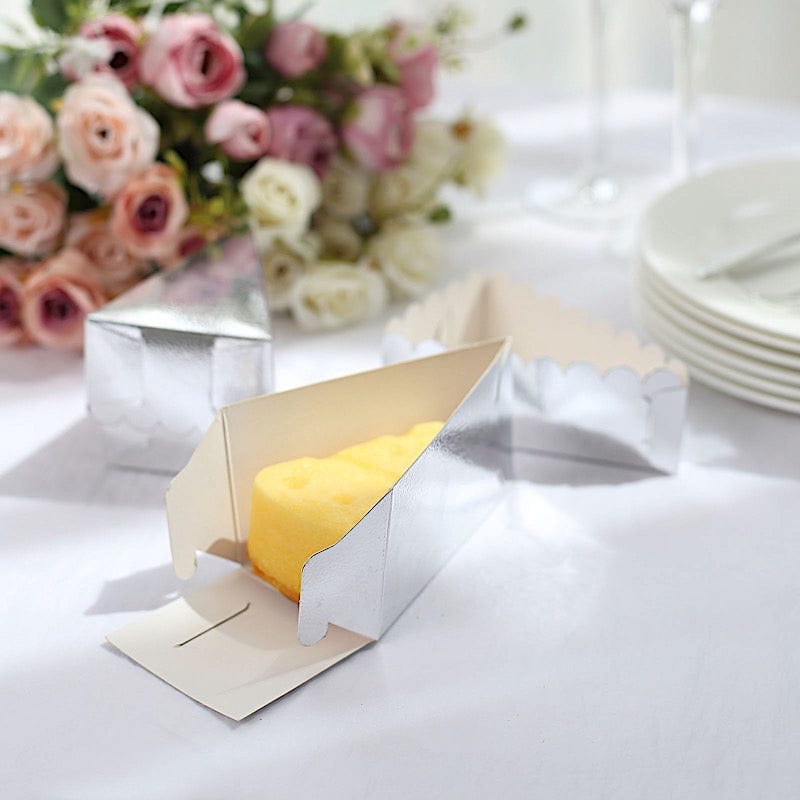 10 Triangle Cake Slice Paper Boxes with Scalloped Top Favor Holders