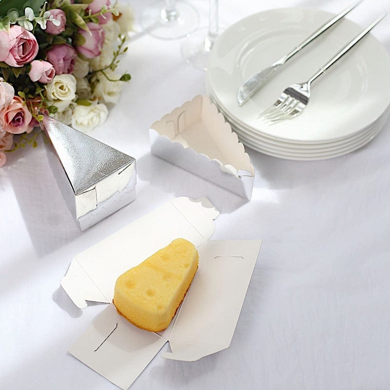 10 Triangle Cake Slice Paper Boxes with Scalloped Top Favor Holders