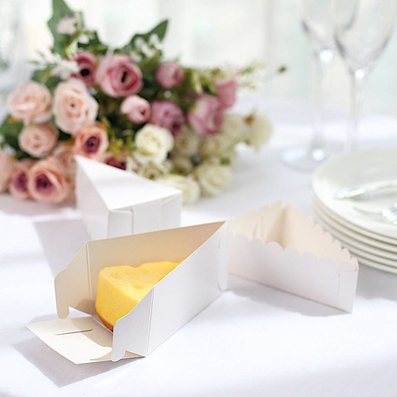 10 Triangle Cake Slice Paper Boxes with Scalloped Top Favor Holders